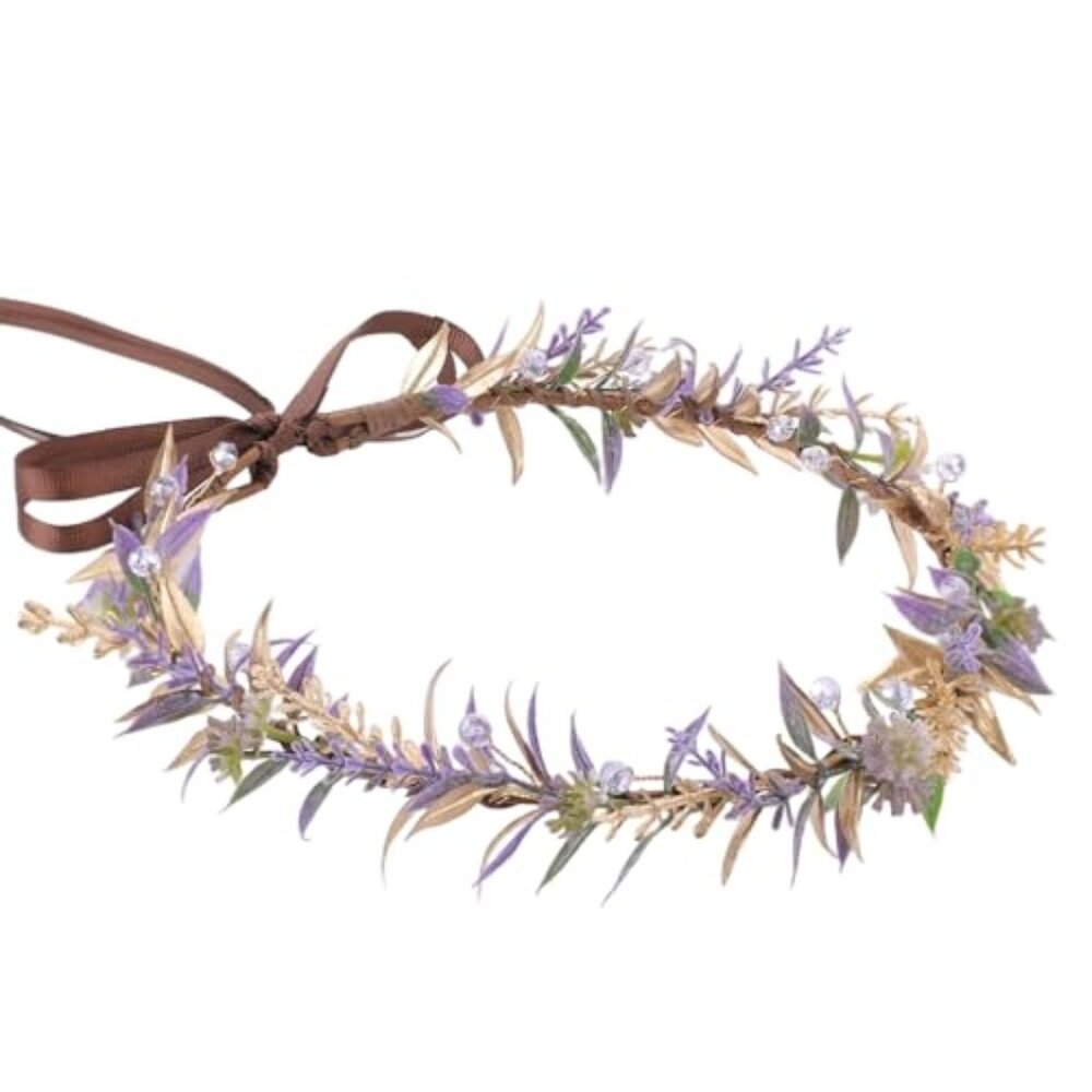 Purple Flower Crown Headband, Handmade Fairy Floral‎ Headband with Gold Leaf